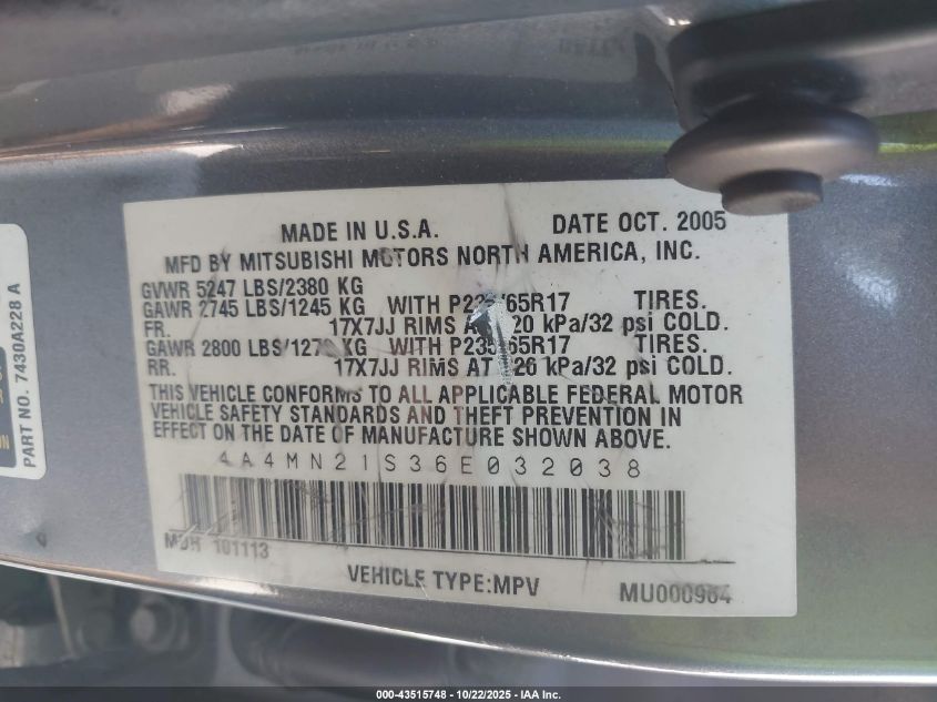 2006 Mitsubishi Endeavor Ls VIN: 4A4MN21S36E032038 Lot: 43515748