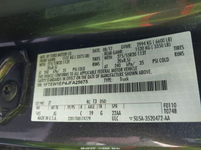 2018 Ford F-150 Xl VIN: 1FTEW1EP4JFA25675 Lot: 43515757