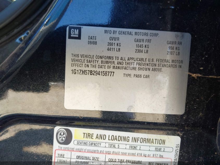 2009 Chevrolet Malibu Lt VIN: 1G1ZH57B294158777 Lot: 43515762