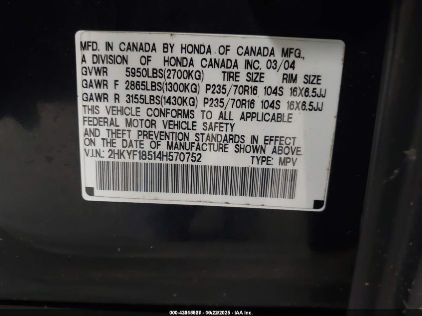 2004 Honda Pilot Ex-L VIN: 2HKYF18514H570752 Lot: 43515827