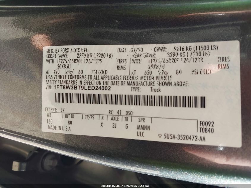 2020 Ford F-350 Platinum VIN: 1FT8W3BT9LED24002 Lot: 43515846