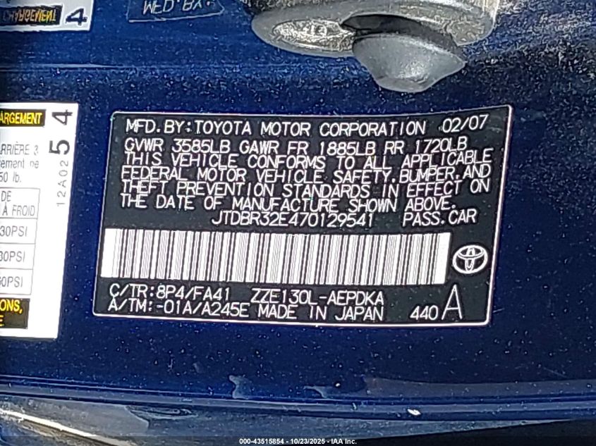 2007 Toyota Corolla Ce VIN: JTDBR32E470129541 Lot: 43515854