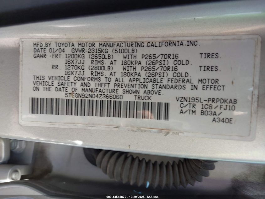 2004 Toyota Tacoma Prerunner V6 VIN: 5TEGN92N04Z366060 Lot: 43515872