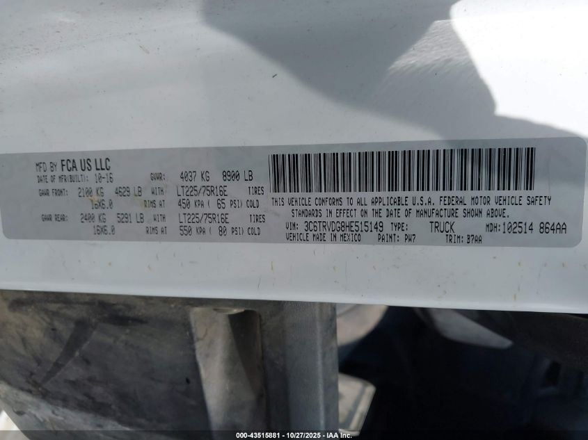 2017 Ram Promaster 2500 High Roof 159 Wb VIN: 3C6TRVDG8HE515149 Lot: 43515881