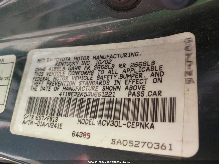 2003 Toyota Camry Le/Xle/Se VIN: 4T1BE32K53U661221 Lot: 43515884