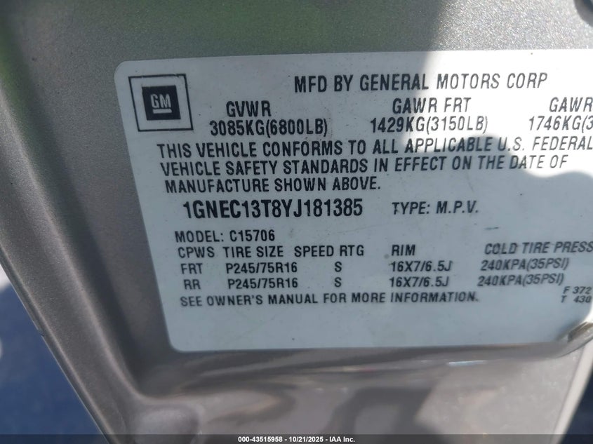 1GNEC13T8YJ181385 2000 CHEVROLET TAHOE photo no. 9