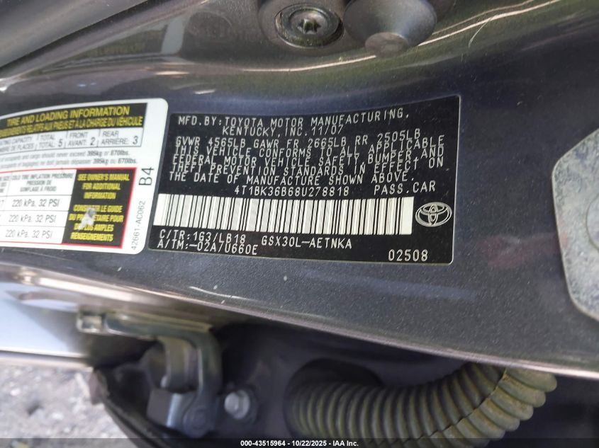 2008 Toyota Avalon Touring VIN: 4T1BK36B68U278818 Lot: 43515964