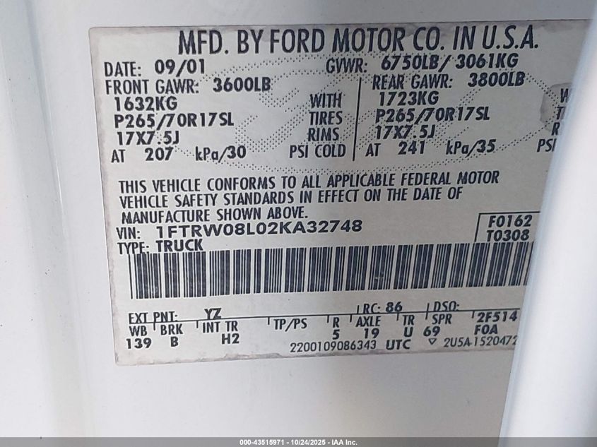 2002 Ford F-150 Lariat/Xlt VIN: 1FTRW08L02KA32748 Lot: 43515971