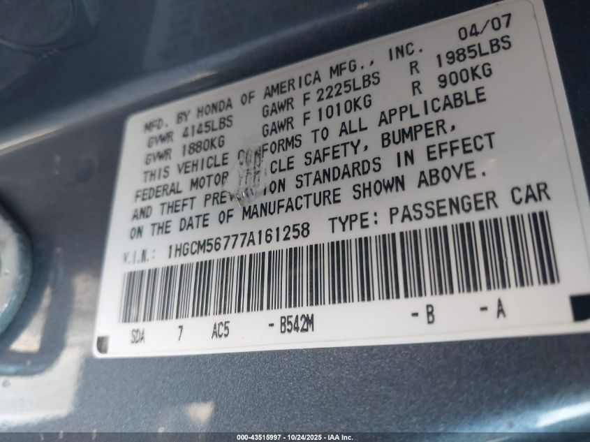 2007 Honda Accord 2.4 Ex VIN: 1HGCM56777A161258 Lot: 43515997