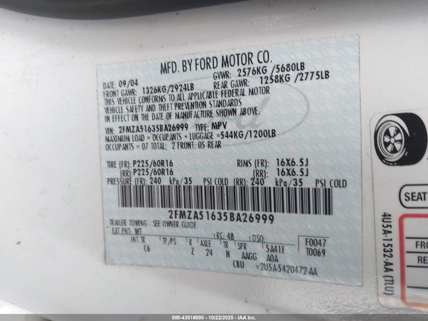 2005 Ford Freestar Se VIN: 2FMZA51635BA26999 Lot: 43516000