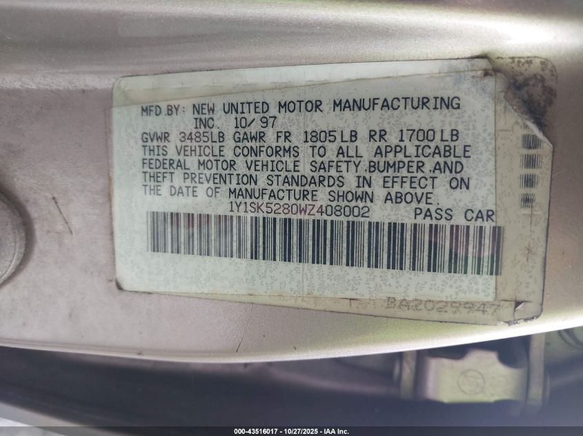 1998 Chevrolet Prizm Lsi VIN: 1Y1SK5280WZ408002 Lot: 43516017