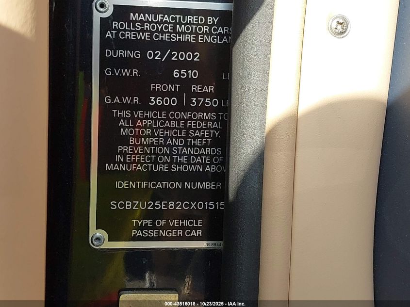 2002 Bentley Continental T VIN: SCBZU25E82CX01515 Lot: 43516018