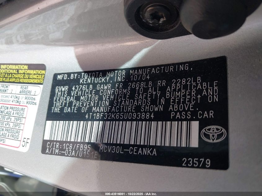 2005 Toyota Camry Le V6 VIN: 4T1BF32K65U093884 Lot: 43516081