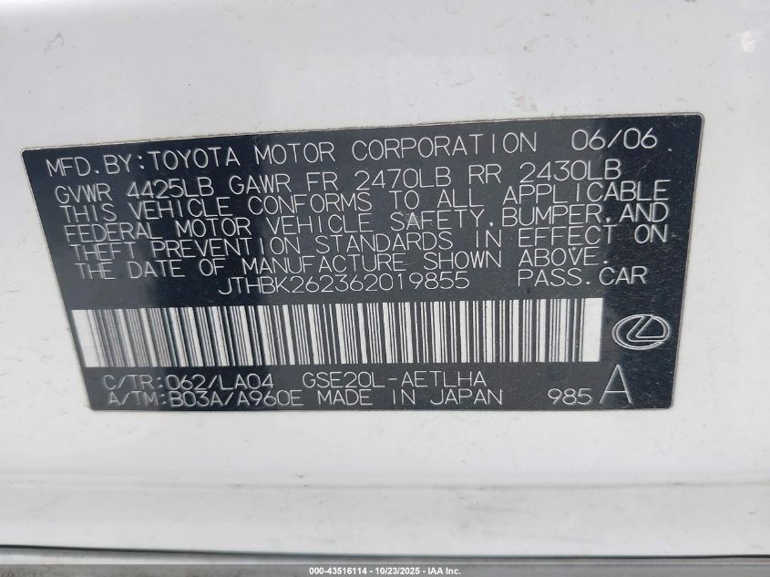 2006 Lexus Is 250 VIN: JTHBK262362019855 Lot: 43516114