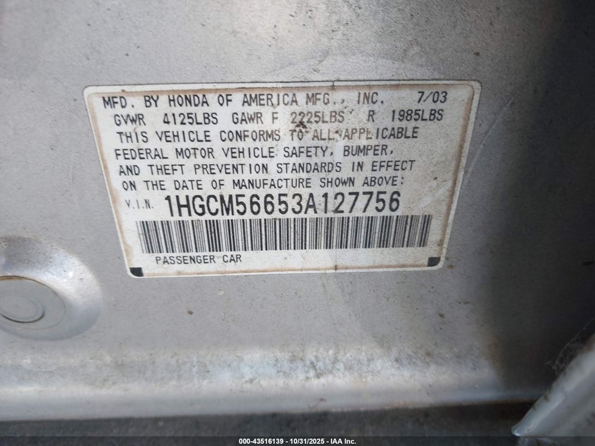 1HGCM56653A127756 2003 HONDA ACCORD photo no. 9