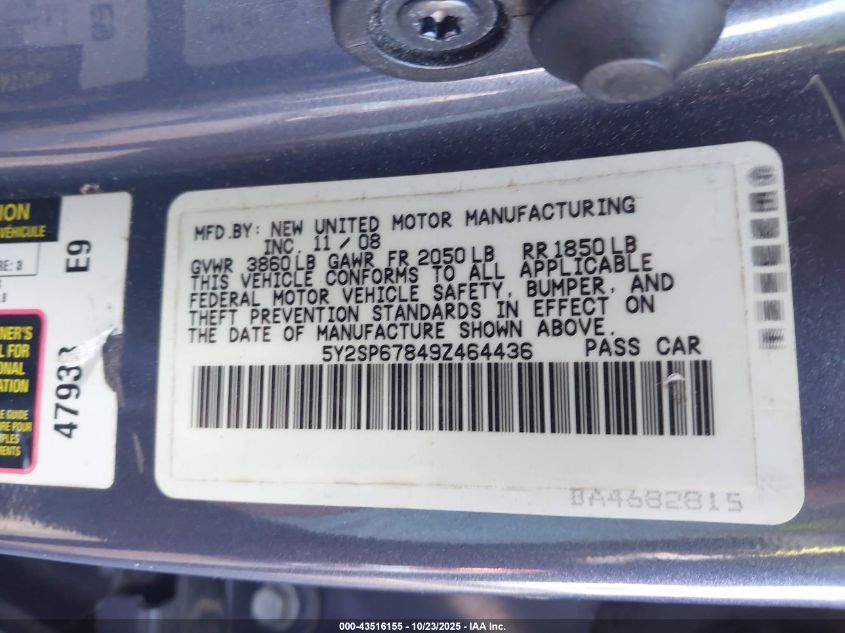 2009 Pontiac Vibe VIN: 5Y2SP67849Z464436 Lot: 43516155