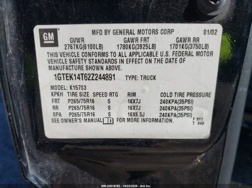 2002 GMC Sierra 1500 Sle VIN: 1GTEK14T62Z244891 Lot: 43516162