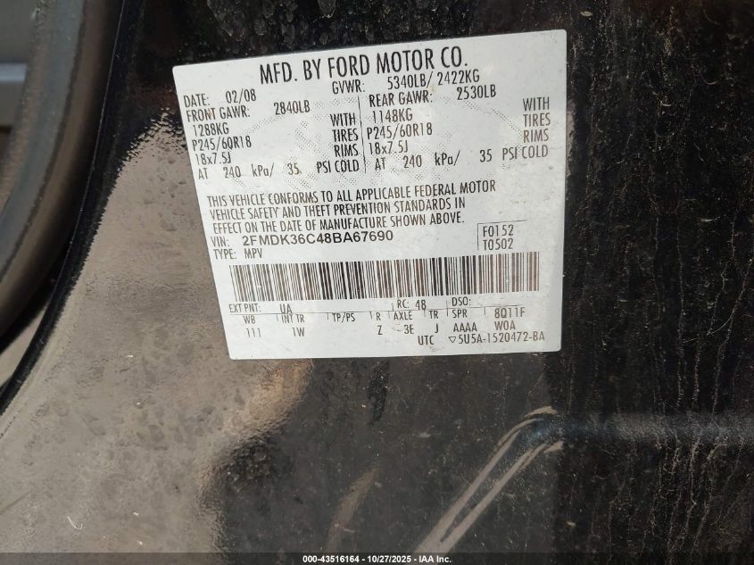 2008 Ford Edge Se VIN: 2FMDK36C48BA67690 Lot: 43516164