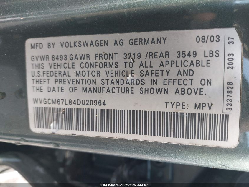 2004 Volkswagen Touareg V8 VIN: WVGCM67L84D020964 Lot: 43516173