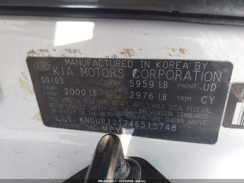 2004 Kia Sedona Ex/Lx VIN: KNDUP131746515748 Lot: 43516217