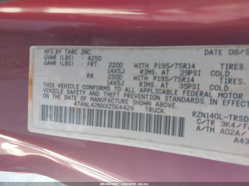 1999 Toyota Tacoma VIN: 4TANL42NXXZ564429 Lot: 43516227