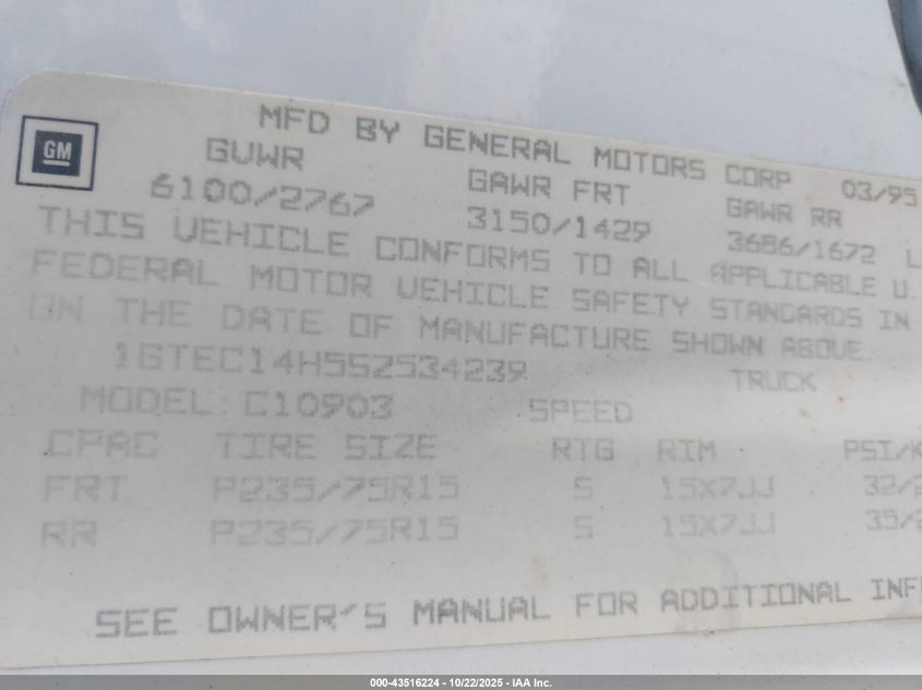 1995 GMC Sierra C1500 VIN: 1GTEC14H5SZ534239 Lot: 43516224