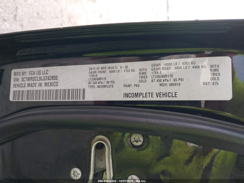 2020 Ram 3500 Chassis Tradesman/Slt/Laramie/Limited VIN: 3C7WRSCL9LG242855 Lot: 43516243