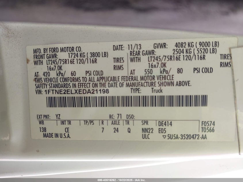 2014 FORD E-250 COMMERCIAL 1FTNE2ELXEDA21198