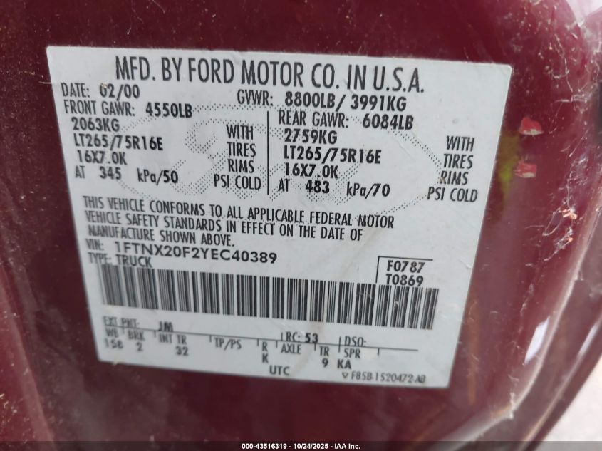 2000 Ford F-250 Lariat/Xl/Xlt VIN: 1FTNX20F2YEC40389 Lot: 43516319