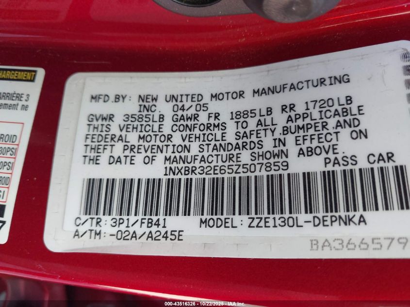 2005 Toyota Corolla Le VIN: 1NXBR32E65Z507859 Lot: 43516326