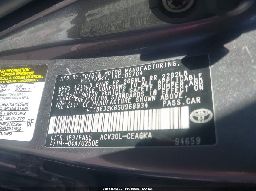 4T1BE32K65U968934 2005 TOYOTA CAMRY photo no. 9