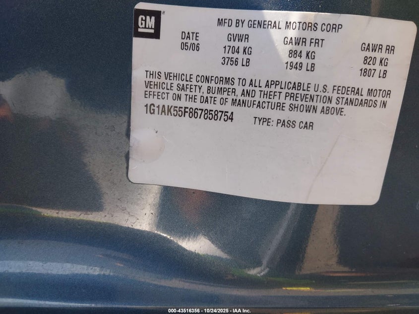 2006 Chevrolet Cobalt Ls VIN: 1G1AK55F867858754 Lot: 43516356