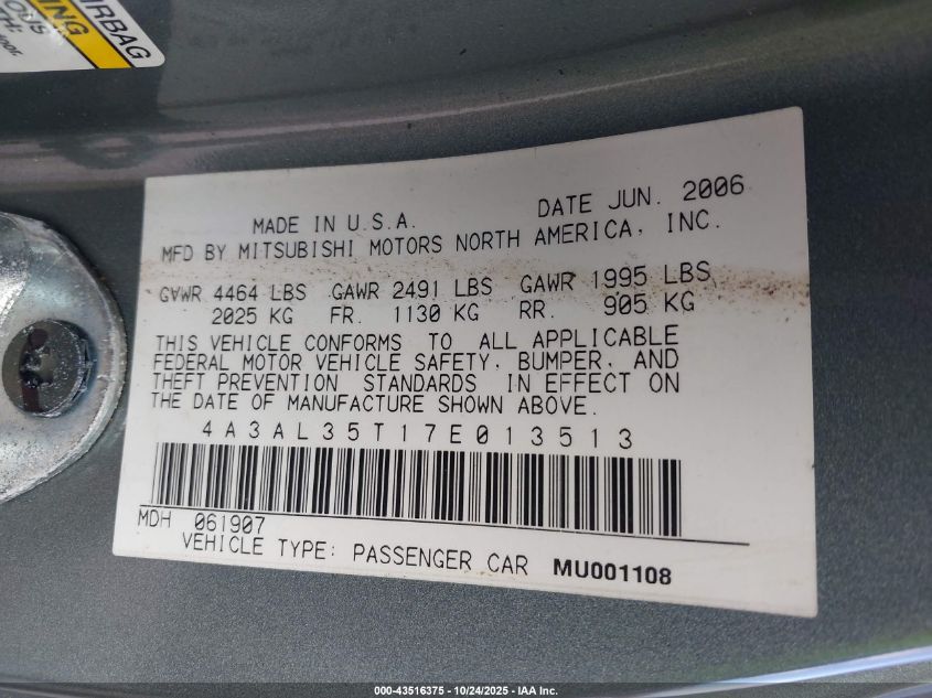 2007 Mitsubishi Eclipse Spyder Gt VIN: 4A3AL35T17E013513 Lot: 43516375