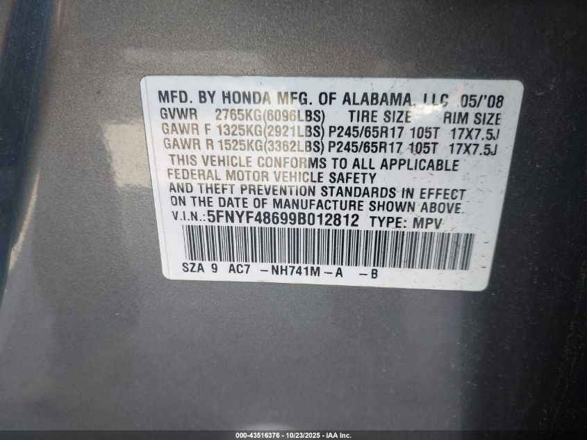 2009 Honda Pilot Ex-L VIN: 5FNYF48699B012812 Lot: 43516376