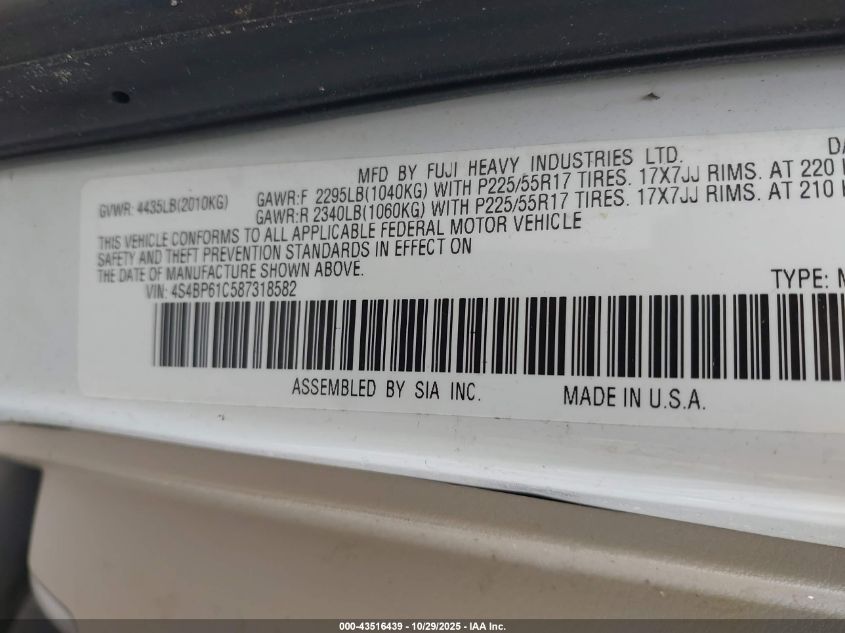 2008 Subaru Outback 2.5I/2.5I L.l. Bean Edition VIN: 4S4BP61C587318582 Lot: 43516439