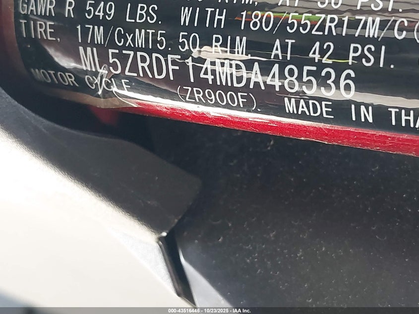 2021 Kawasaki Zr900 F VIN: ML5ZRDF14MDA48536 Lot: 43516446