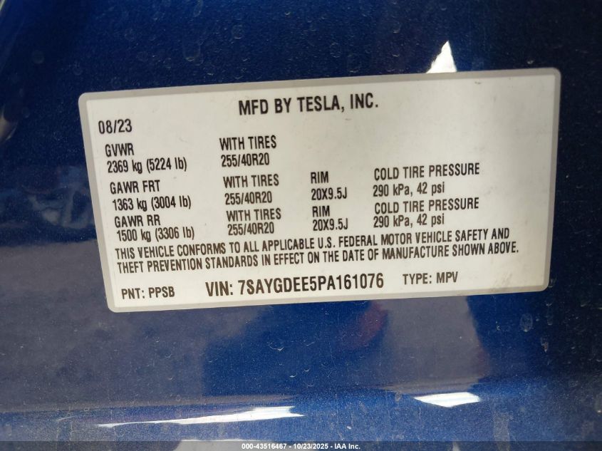 2023 Tesla Model Y Awd/Long Range Dual Motor All-Wheel Drive VIN: 7SAYGDEE5PA161076 Lot: 43516467