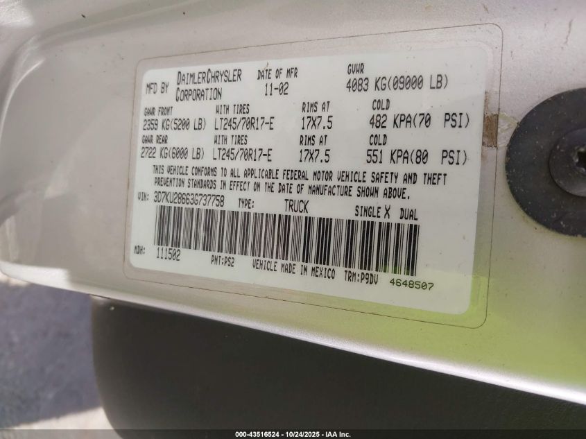 2003 Dodge Ram 2500 Slt/Laramie/St VIN: 3D7KU28663G737758 Lot: 43516524