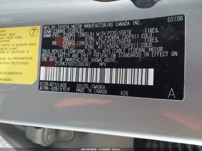 2007 Lexus Rx 350 VIN: 2T2HK31U27C006362 Lot: 43516534