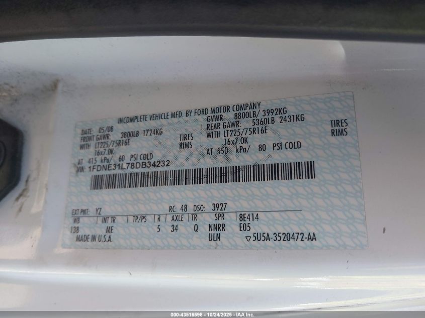2008 Ford E-350 Super Duty Xl/Xlt VIN: 1FDNE31L78DB34232 Lot: 43516598