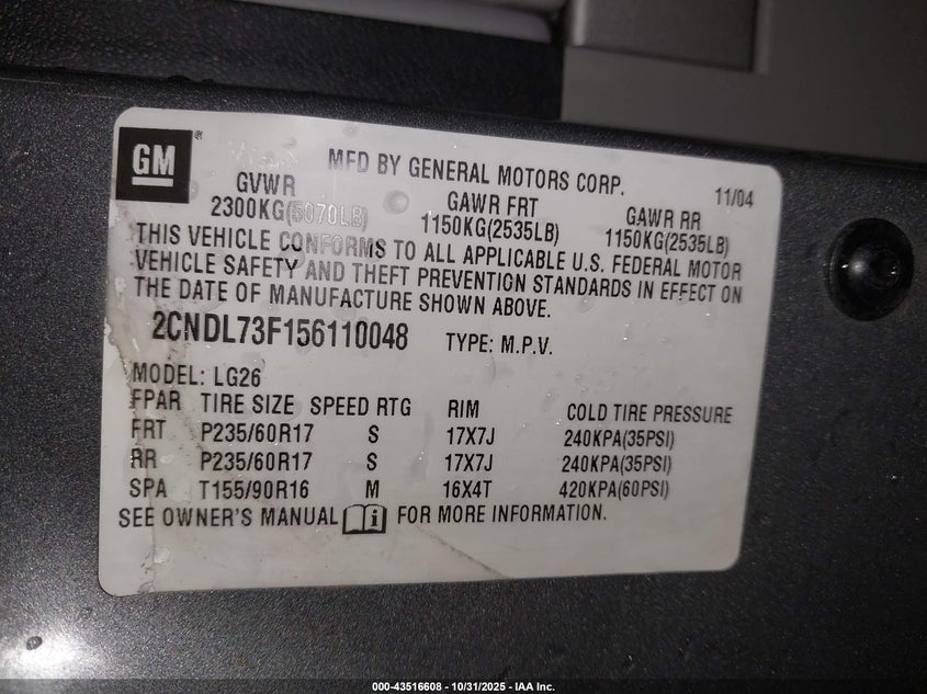 2005 Chevrolet Equinox Lt VIN: 2CNDL73F156110048 Lot: 43516608