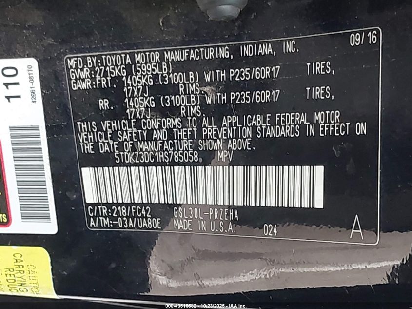 2017 TOYOTA SIENNA LE 8 PASSENGER 5TDKZ3DC1HS785058