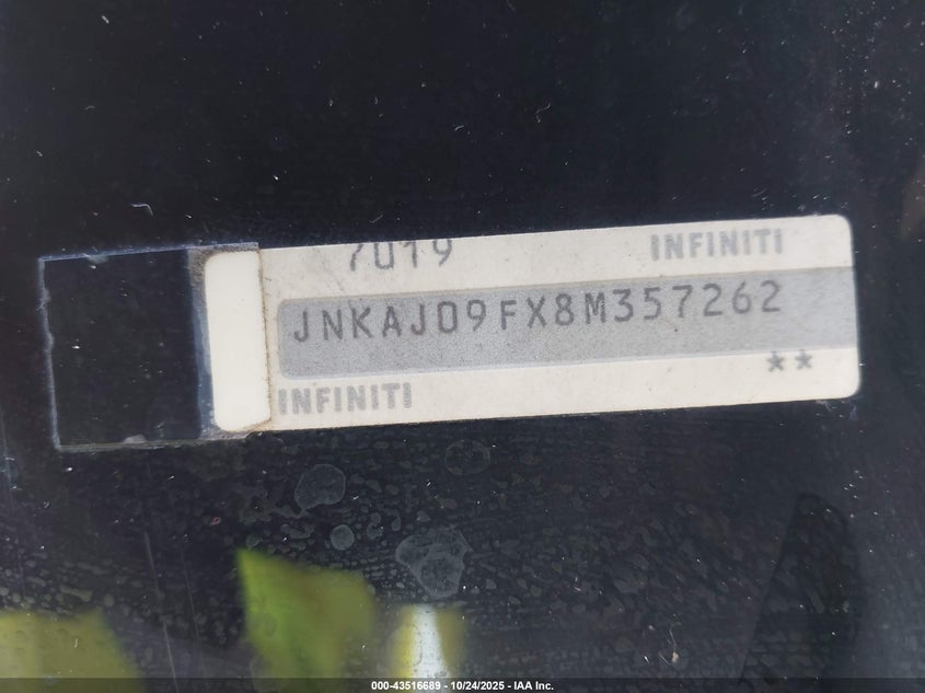 2008 Infiniti Ex35 Journey VIN: JNKAJ09FX8M357262 Lot: 43516689
