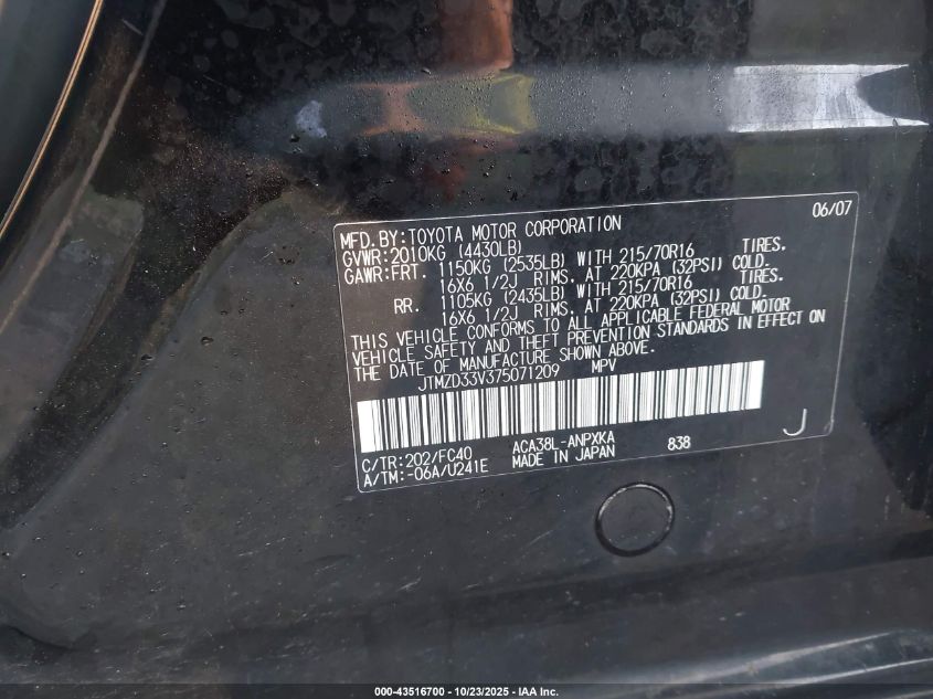 2007 Toyota Rav4 VIN: JTMZD33V375071209 Lot: 43516700