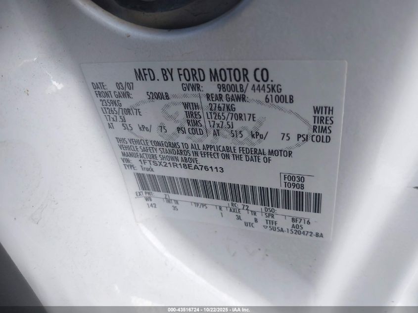 2008 Ford F-250 Xlt VIN: 1FTSX21R18EA76113 Lot: 43516724