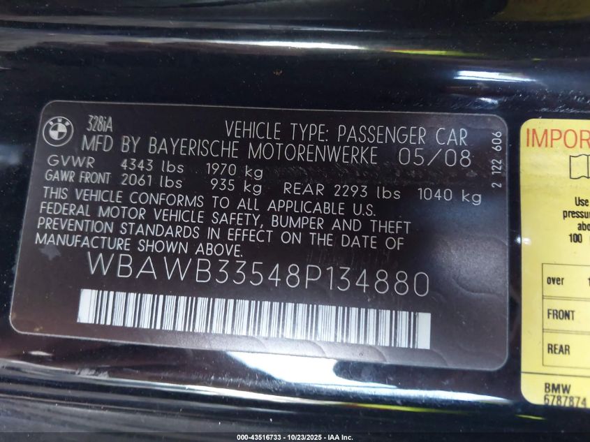 2008 BMW 328I VIN: WBAWB33548P134880 Lot: 43516733