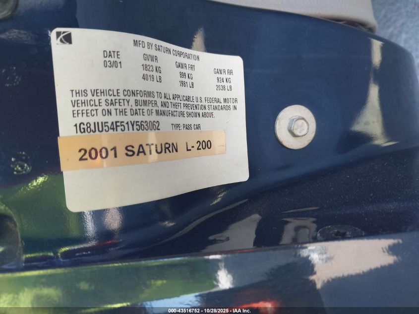 2001 Saturn L200 VIN: 1G8JU54F51Y563062 Lot: 43516752