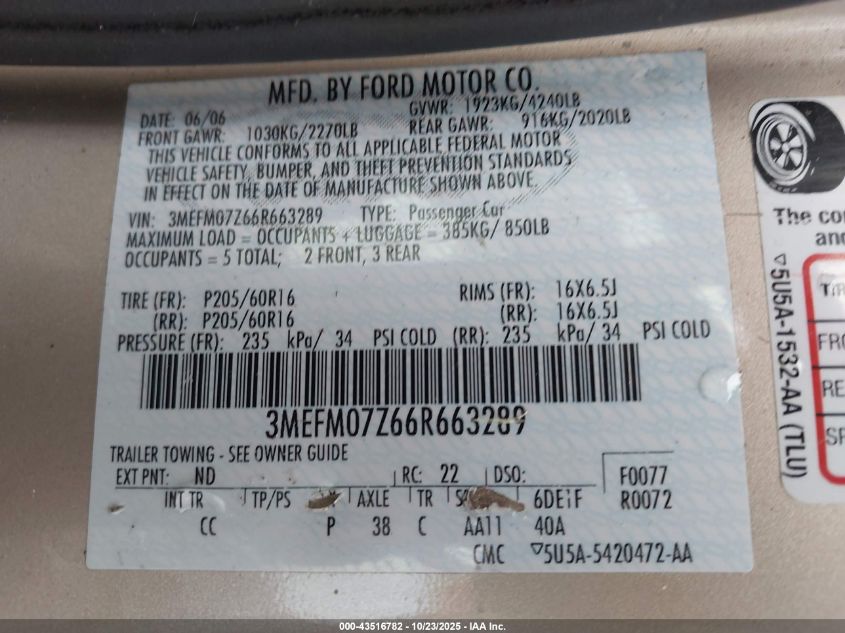 2006 Mercury Milan I4 VIN: 3MEFM07Z66R663289 Lot: 43516782