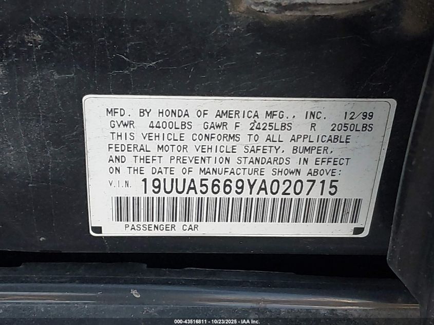 2000 Acura Tl 3.2 VIN: 19UUA5669YA020715 Lot: 43516811