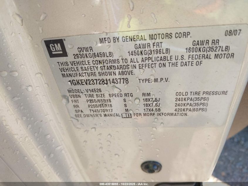 2008 GMC Acadia Slt-1 VIN: 1GKEV23728J143778 Lot: 43516855